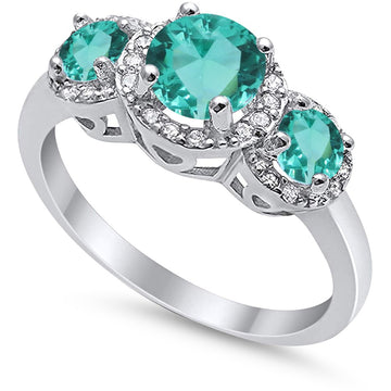 Three Stone Simulated Paraiba Tourmaline CZ Wedding Ring 925 Sterling Silver